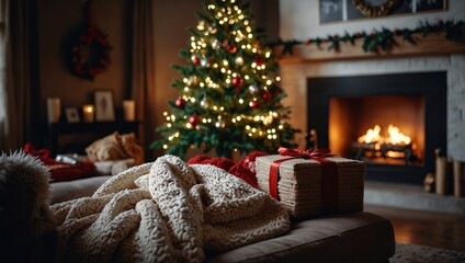 Obraz premium Christmas decorated living room, decorated Christmas tree, cozy blankets and pillows
