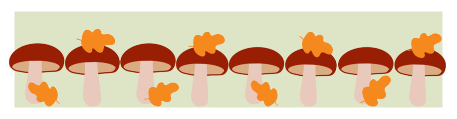 Colorful mushrooms and autumn leaves arranged in a playful linear pattern