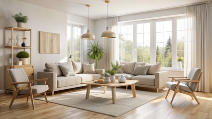 Fototapeta premium Scandinavian Family Living Room: minimalist, functional, airy, light wood, soft fabrics, neutral palette
