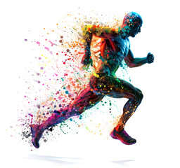 Athlete runner fast of speed, colorful particles, white background. Run. Exercise sport or the Olympic Games concept