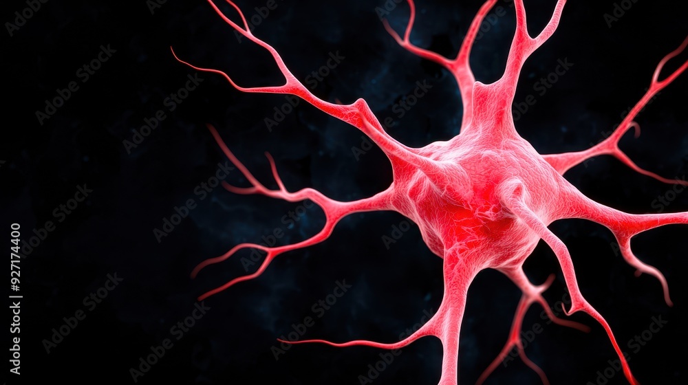 Poster a detailed close-up of a neuron showcasing its intricate structure against a dark background, highli