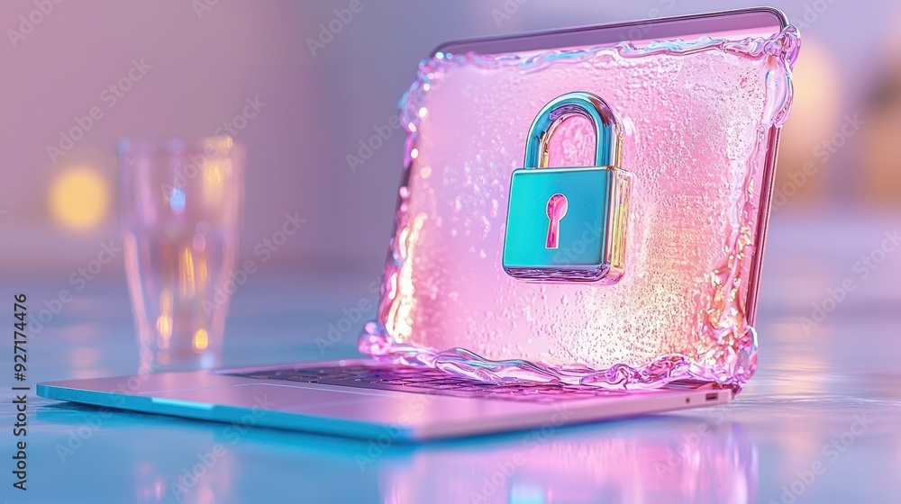 Poster a laptop encased in ice featuring a padlock symbolizing digital security and protection in a modern 