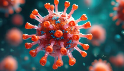 3D render of a spiked virus, highlighting detailed structure against a vibrant teal and orange backdrop, captured in sharp focus.