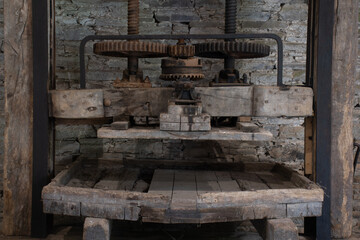 An Eighteenth Century cider press in Buckland Abbey Devon England,