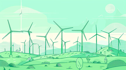 a city skyline with wind turbines and trees, in a green and white color scheme.