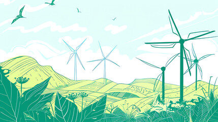  a city skyline with wind turbines and trees, in a green and white color scheme.