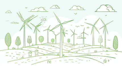  a city skyline with wind turbines and trees, in a green and white color scheme.