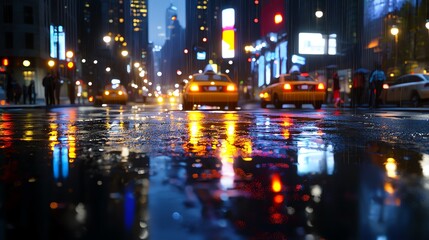 Obraz premium Vibrant city scene featuring yellow taxis, reflections on wet pavement, and illuminated buildings in a rainy urban setting.
