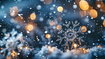 a snowflake with lights and snow falling.