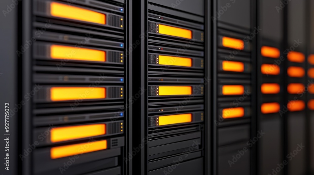Poster close-up view of modern data servers with glowing orange lights, showcasing high-tech storage soluti
