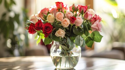 Elegant Bouquet of Roses in a Transparent Vase: A Beautiful Arrangement of Fresh Roses Displayed in a Clear Glass Vase, Showcasing Their Vibrant Colors and Delicate Petals.