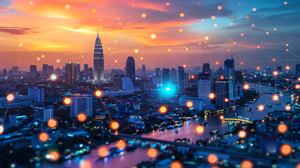 This is a picture of a temple in Thailand with a city skyline in the background. It appears to be a nighttime photo.

