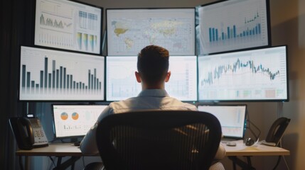 A person sitting in front of multiple screens displaying data and charts in a high-tech control room.