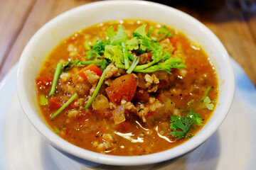 Meat and tomato spicy dip in a bowl is tradition food in Thailand