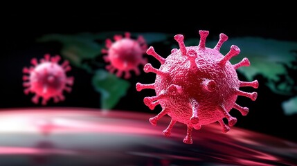 3D illustration of a virus in vibrant pink against a dark background, representing global health concerns and scientific study.