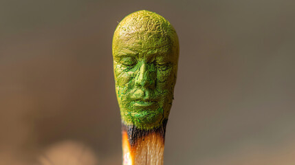 It's a green, small, human-like head sculpture on a burnt matchstick.

