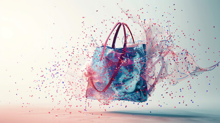 This is a picture of a pink purse floating on a pink background with flowing pink fabric.

