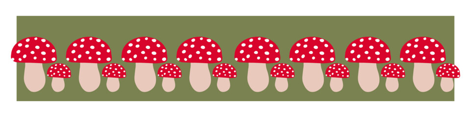 Red-spotted mushrooms in a whimsical pattern on a green background