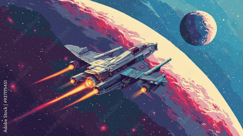 Poster A futuristic spaceship with glowing thrusters travels through space near a planet. The ship is in the foreground, with the planet and a moon in the background.