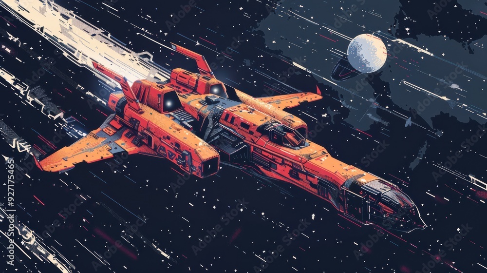 Poster a sleek, orange spaceship flies through a starry night sky, leaving a trail of light behind it. a la