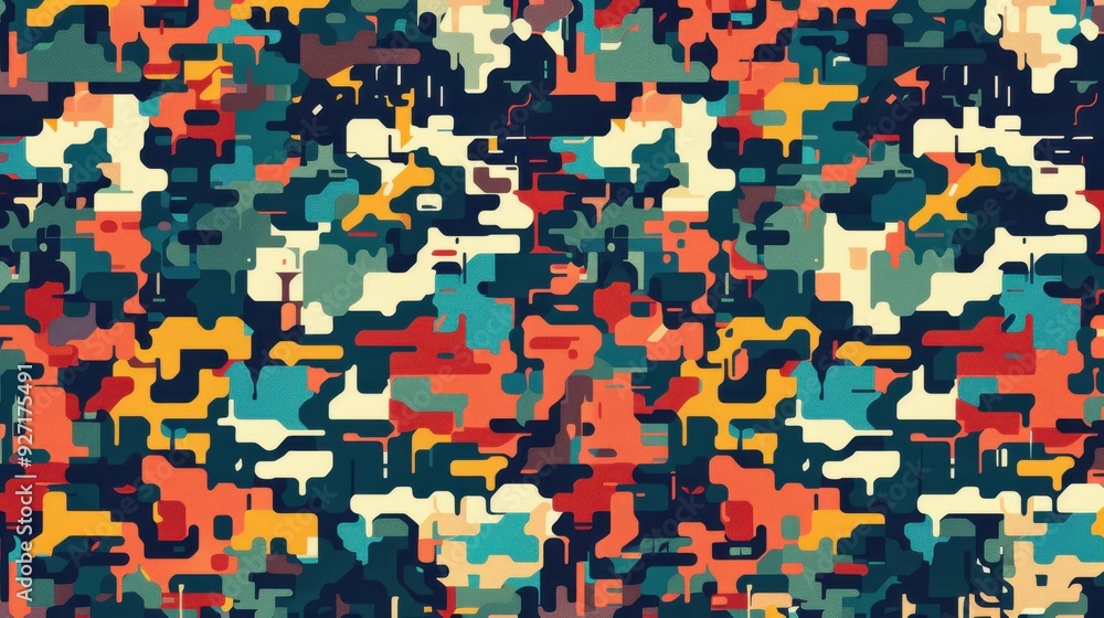 Aufkleber an abstract pattern composed of various colorful geometric shapes, primarily in shades of red, yello
