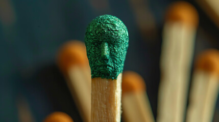 It's a green, small, human-like head sculpture on a burnt matchstick.

