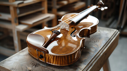 This is a brown, shiny violin, resting on a wooden surface.

