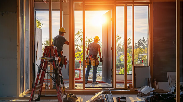 Experienced construction workers collaborating on a house under construction with open doors and visible windows. Bokeh sun flare in the background, showcasing teamwork and progress in a California re