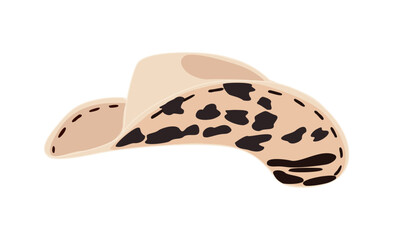 Beige cowboy hat with traditional western decoration, cow animal print. Wild west fashion style. Vector realistic illustration isolated on transparent background.	