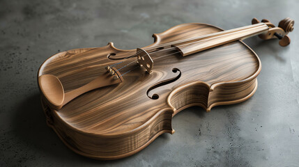 This is a brown, shiny violin, resting on a wooden surface.

