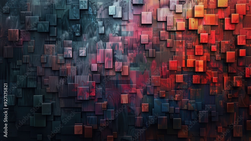 Leinwandbilder The image shows a colorful, abstract background with a multitude of layered, square blocks in shades of red, blue, and black. Some squares have a faded, textured pattern, creating an illusion of depth