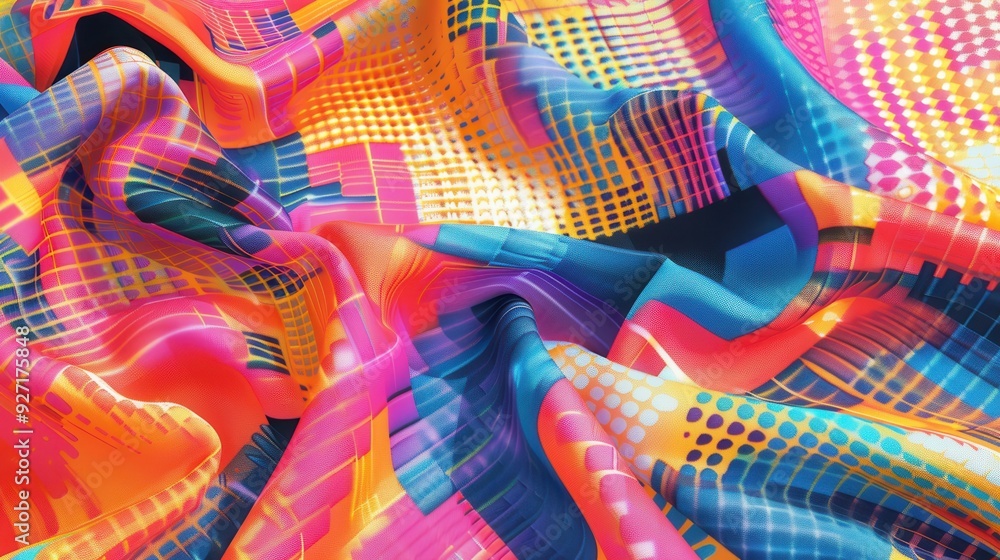 Poster A close-up view of a colorful fabric with an abstract geometric pattern in shades of pink, blue, yellow, and orange. The fabric is folded and wrinkled, creating a dynamic and textured surface.