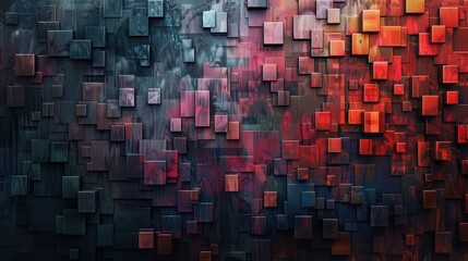 The image shows a colorful, abstract background with a multitude of layered, square blocks in shades of red, blue, and black. Some squares have a faded, textured pattern, creating an illusion of depth