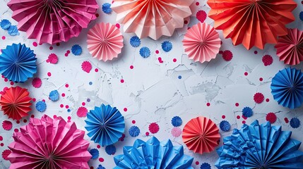 American paper fans with confetti on a white background, designed as a banner for Memorial Day, July 4th, Labor Day, or Independence Day with flat lay top view copy space.
