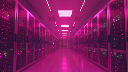 This is a long, narrow room with rows of servers, lit with pink and blue neon lights.

