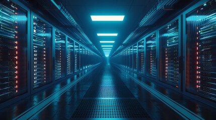 This is a long, narrow room with rows of servers, lit with pink and blue neon lights.


