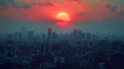 Obraz premium Cityscape with Red Moon Illustration