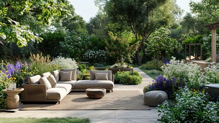 A fresh take on outdoor furniture design, with a new, modern set displayed in a beautifully landscaped garden.