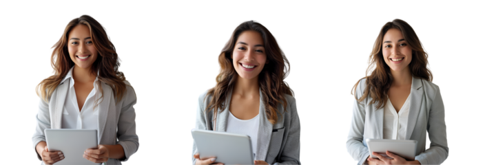 Female businesswoman working with tablet on transparent background