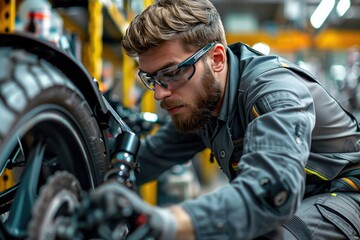 Obraz premium A young man in a grey jumpsuit and safety glasses is working on the rear wheel of a motorcycle.