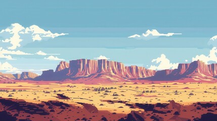 The image depicts a pixelated landscape with red rock formations in the background, extending across a vast desert plain under a clear blue sky dotted with white clouds.