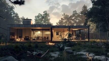 Obraz premium Modern cabin in the woods with a fire pit and comfortable seating.