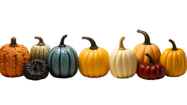 A row of pumpkins with different colors and patterns isolated on transparent background.