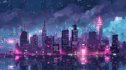 Obraz premium A vibrant digital illustration depicts a futuristic city skyline bathed in the glow of neon lights. The skyscrapers are lit up in shades of pink and purple, while a shimmering river reflects the city'