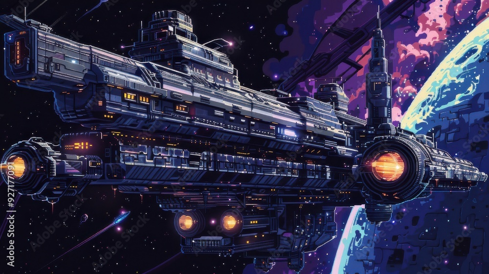 Poster A massive, futuristic spaceship with glowing lights and detailed design elements orbits a colorful planet in a vast, starry expanse. The spacecraft is positioned close to the planet, highlighting the 
