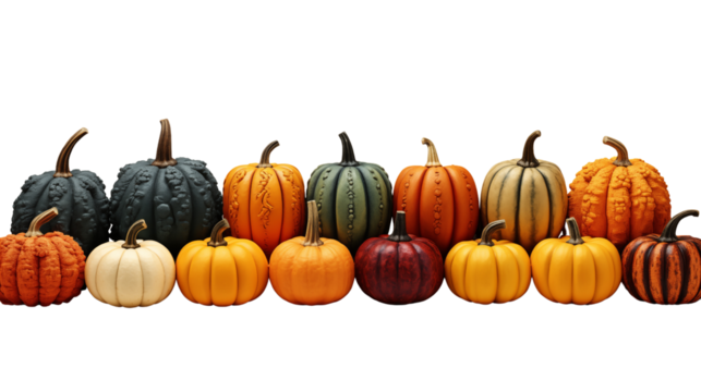 A row of pumpkins with different colors and patterns isolated on transparent background.