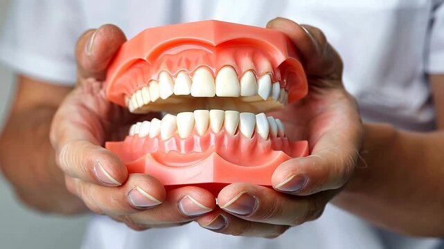 Dental care professional holding model of human teeth