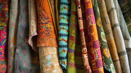 A close-up view of colorful fabric rolls displayed at a market stall. The fabrics are all different colors and patterns, with some having intricate designs.
