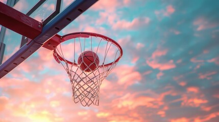 Basketball Swishing Through Hoop Against Vibrant Sunset Sky in Outdoor Court