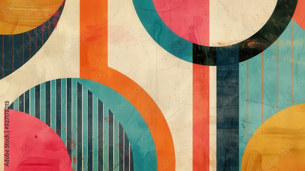 Poster A digital illustration of a colorful abstract geometric pattern. The pattern consists of overlapping circles with stripes and solid color fills. The background is a textured, off-white color. The colo